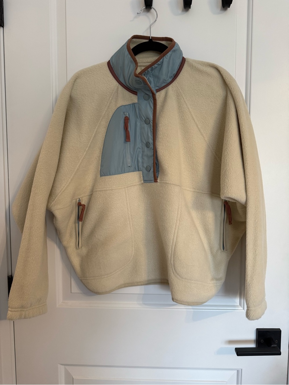Thread & Supply Cream Fleece Zip Pullover with Blue Chest Panel